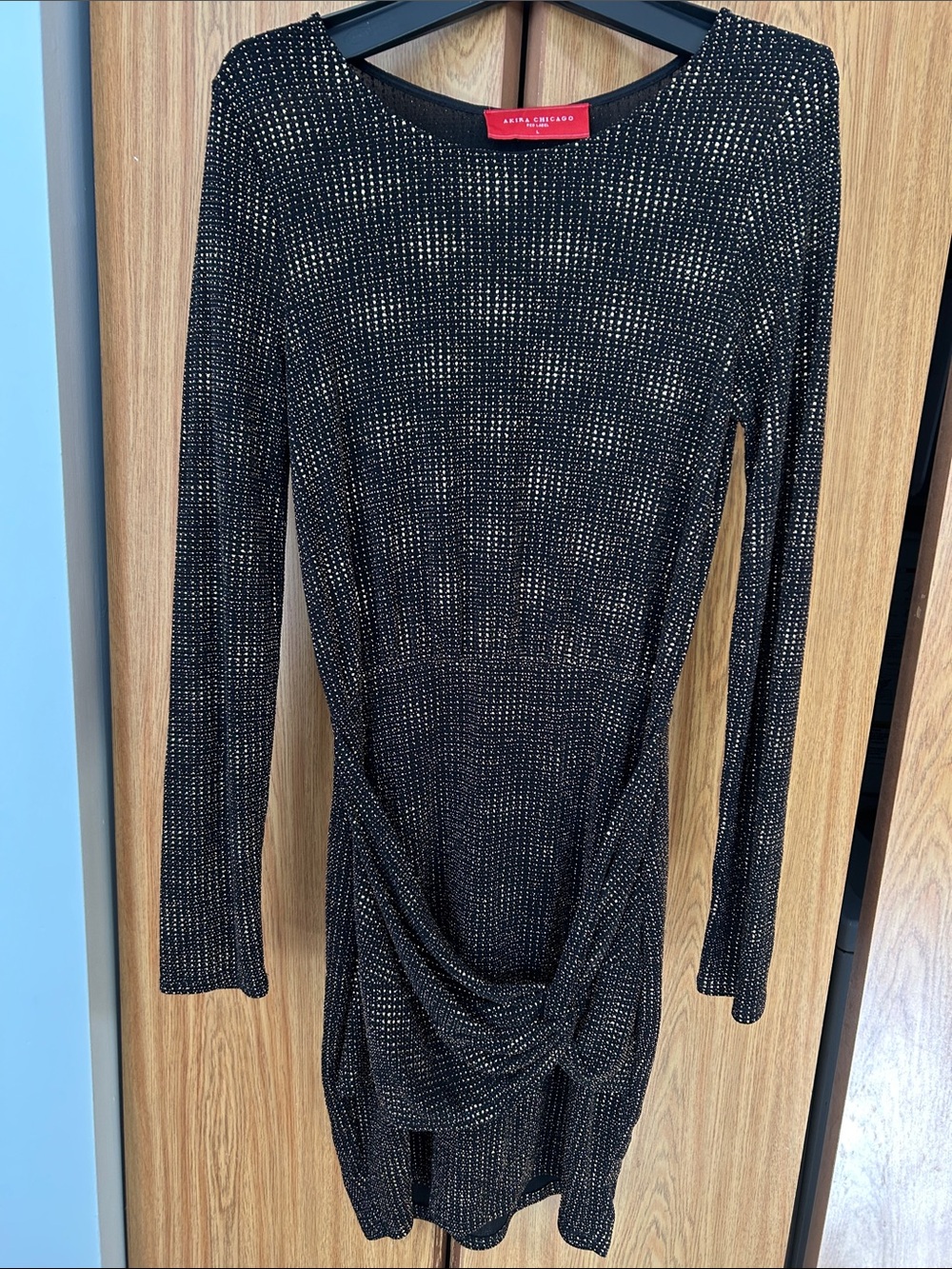 Akira Chicago Black Metallic Knit Long-Sleeve Dress